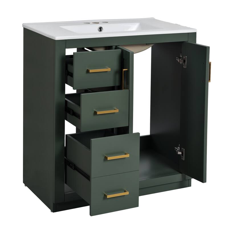GDFStudio - Montvale Modern Freestanding Bathroom Vanity with Ceramic Sink and 3 Storage Drawers & Soft Closing Doors - 30'W