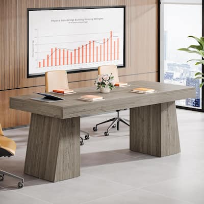 Conference Table, Modern Meeting Table with Thick Tabletop and Trapezoidal Legs
