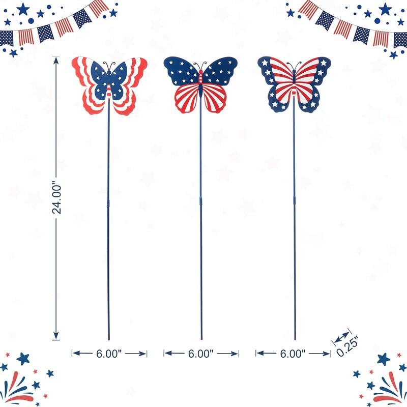 Glitzhome 24"H Set of 3 Patriotic Americana Metal Butterflies Yard Stakes - 24 in