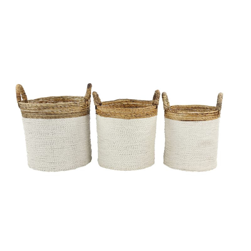 Seagrass Handmade Two Toned Storage Basket with Handles - Set of 3 White - Roche River Decor - 16"W x 16"L x 16"H