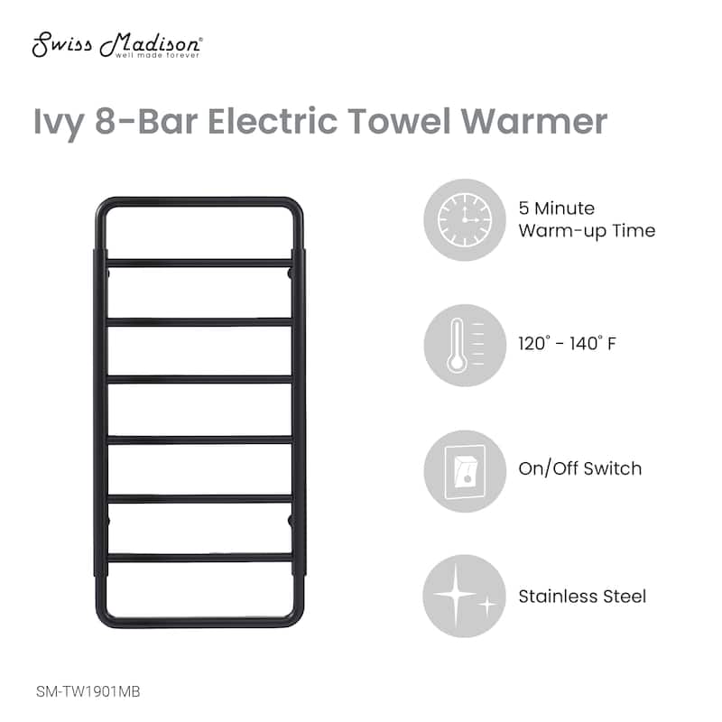 Ivy 8-Bar Electric Towel Warmer In Matte Black - 19.69" x 40.94" x 4.45"