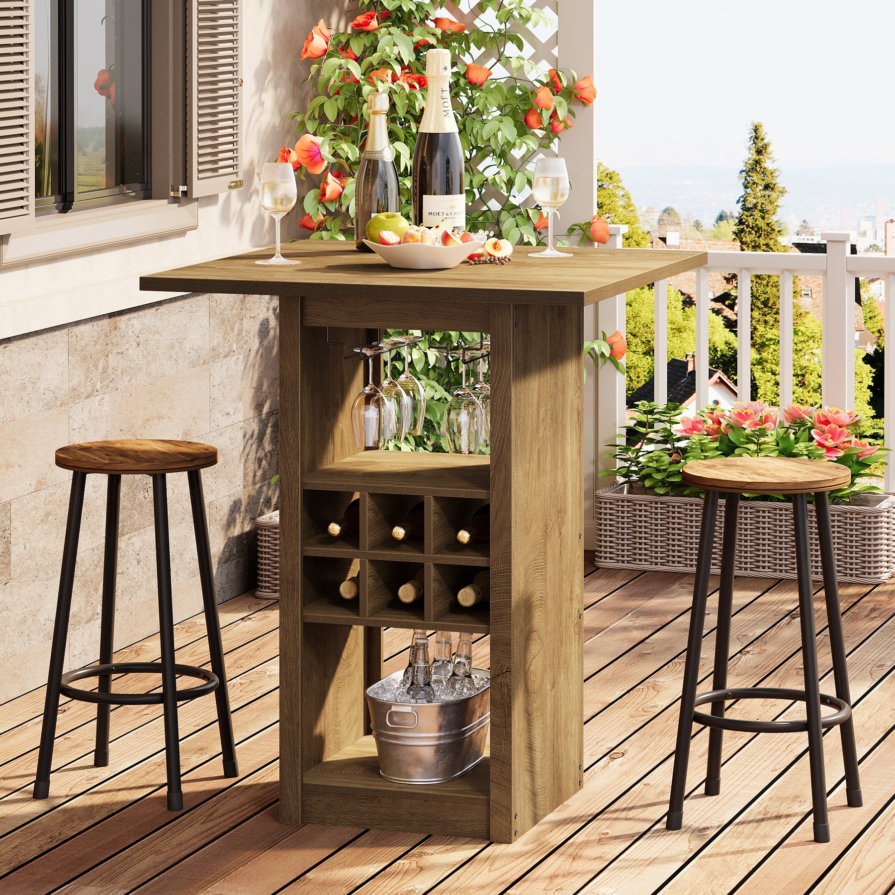 Wood Counter Height Bar Table, Glass Holders Wine Racks Storage