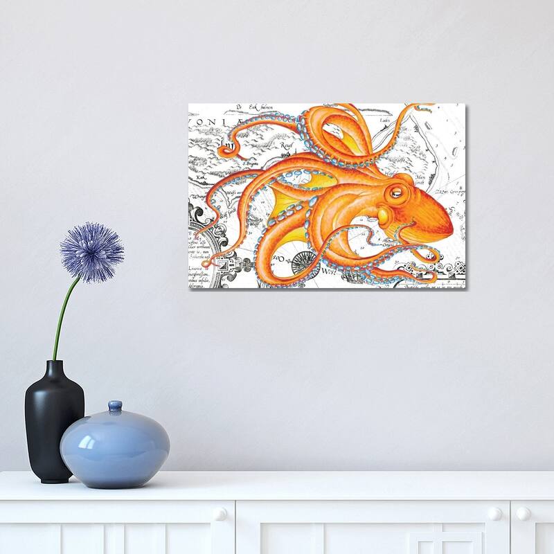 iCanvas "Orange Octopus Tentacles Vintage Map Nautical" by Seven Sirens Studios Canvas Print - 12x18x1.5