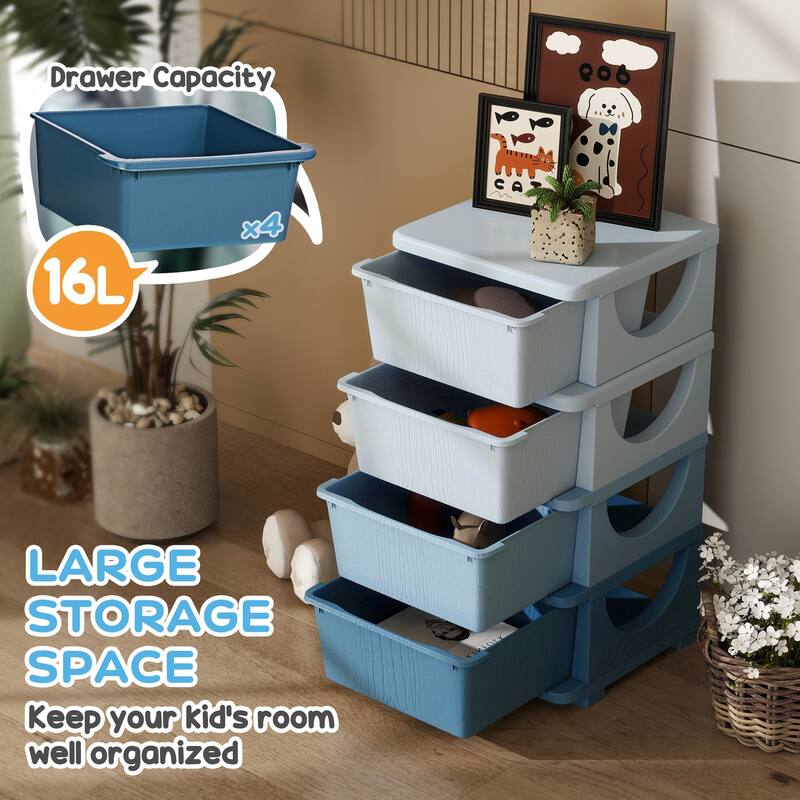 Qaba 4 Tier Kids Storage Unit, 4 Drawer Chest Toy Organizer Plastic Bins