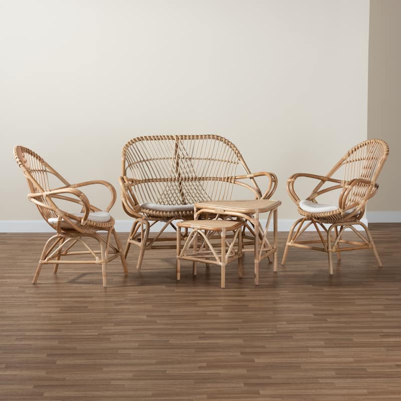 Jayden Bohemian 5-Piece Rattan Living Room Set-Natural Brown/White