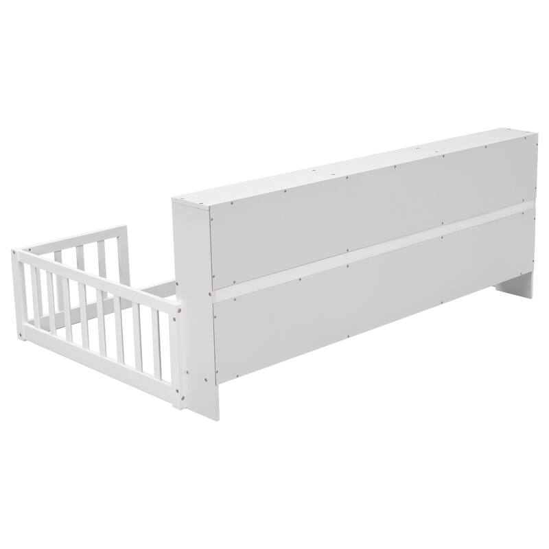 Roomfitters Twin/Full Floor Bed with Side Bookcase & Shelves, Guardrail Platform Bed, Space-Saving Low Profile Bed