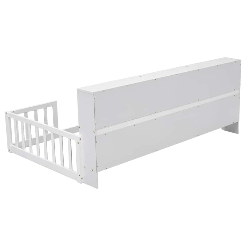 Twin Floor Bed with Bedside Bookcase,Shelves,Guardrails