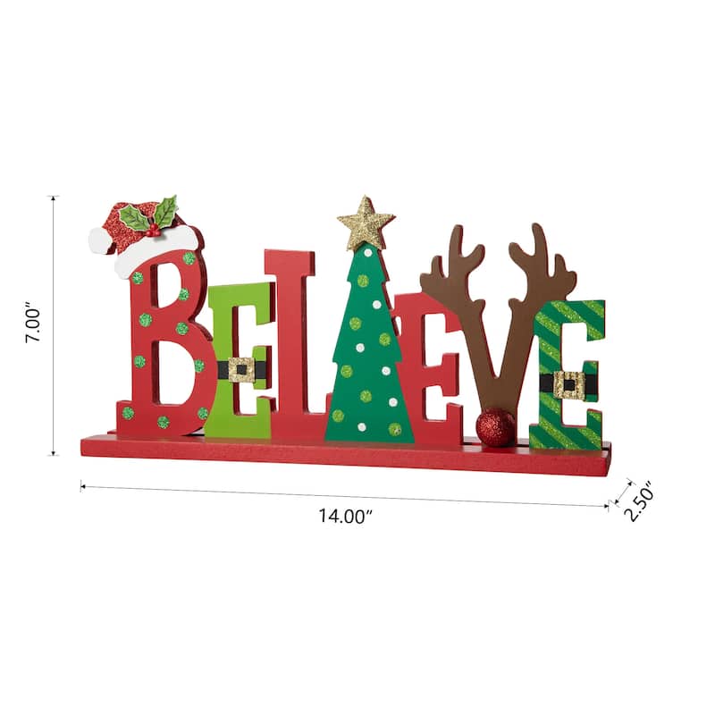 Glitzhome 14"L Wooden Christmas BELIEVE Word Sign Table Decor