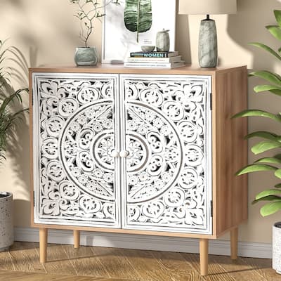 Anmytek 2 Door Hollow-Carved Wood Buffets and Sideboards Storage Cabinet for Living Room - 31.5"W x 13.78"D x 30.71"H