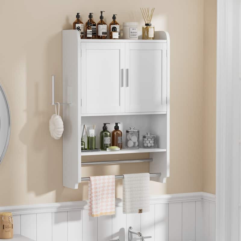 VECELO Bathroom Wall Cabinet Over Toilet Storage Cabinet Medicine Cabinet Space Saving with 2 Doors Open Shelves Towel Bars