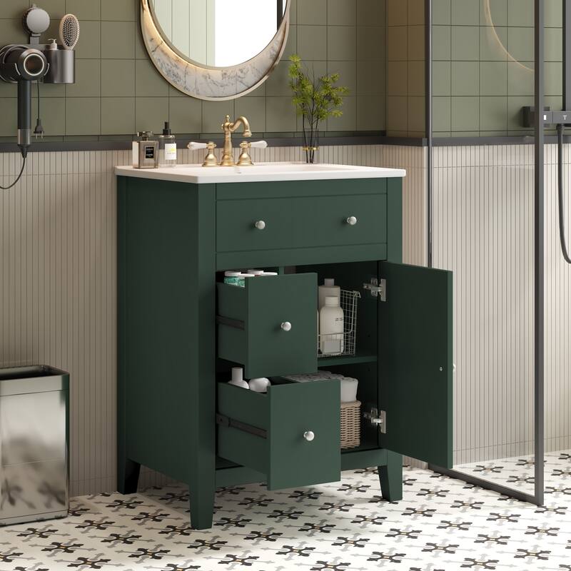 24" Bathroom Vanity with Ceramic Basin, Restroom Basin Cabinet with 2 Drawers, Small Bathroom Cabinet with Soft-Closing Door
