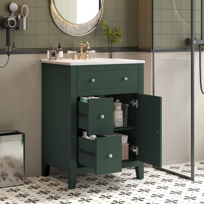24" Modern Bathroom Vanity - Ceramic Basin, 2 Drawers & Soft-Closing Door, Compact Design