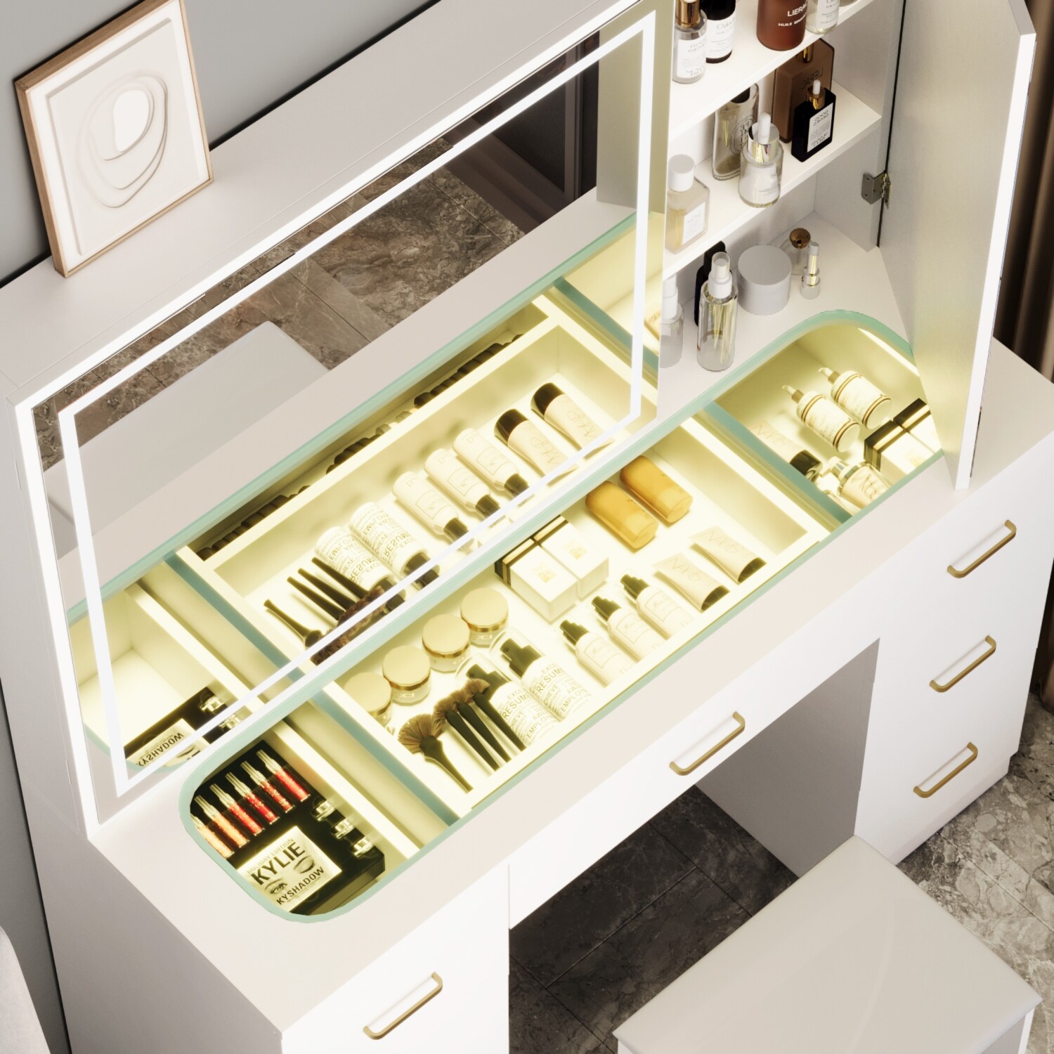Glass Top Vanity Set with Lighted Mirror,Extra Large Mirror Makeup 