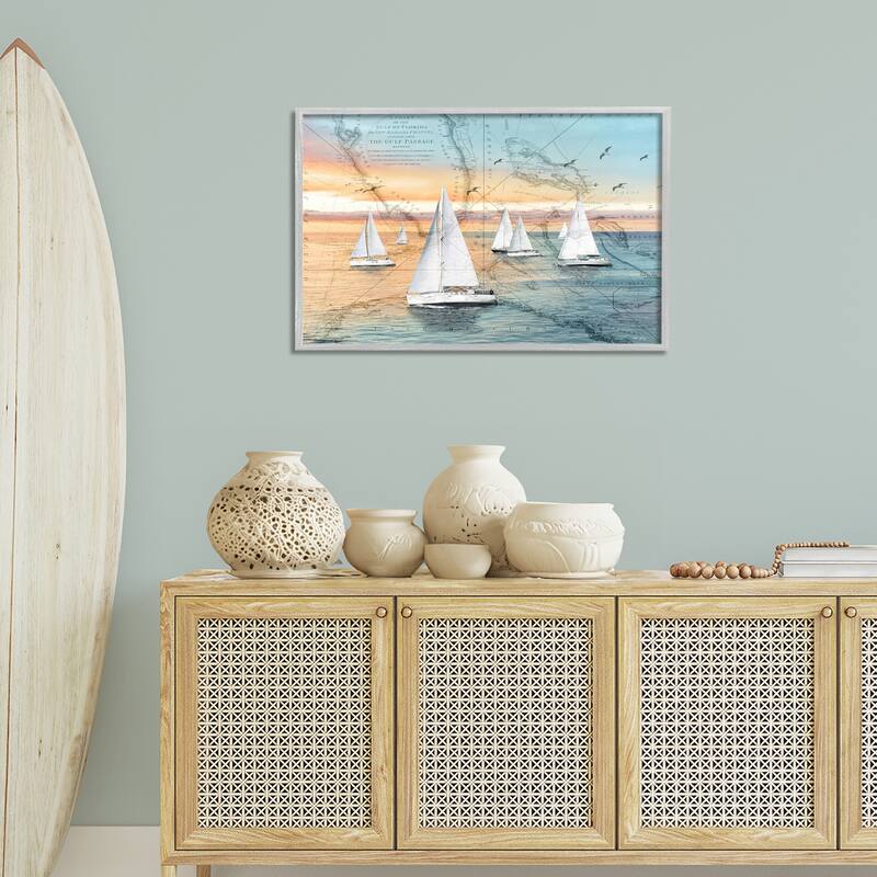 Stupell Nautical Ships & Vintage Map Framed Giclee Art Design By Amber Sterling