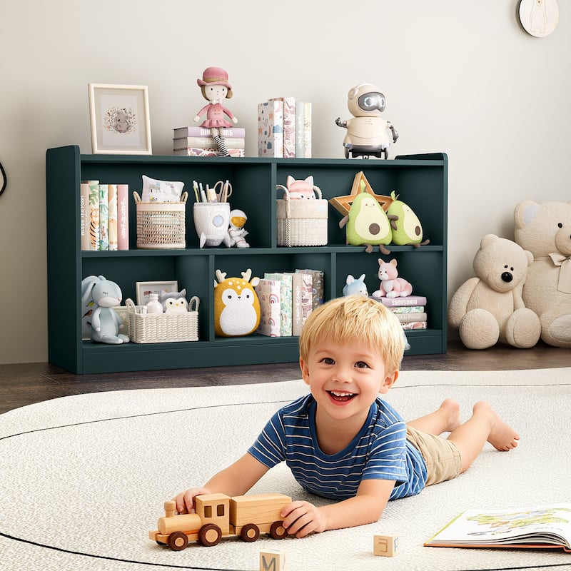 Wooden Storage Cabinet with 5 Sections, Montessori Kids Bookshelf and Toy Organizer for Nursery, Playroom & Classroom
