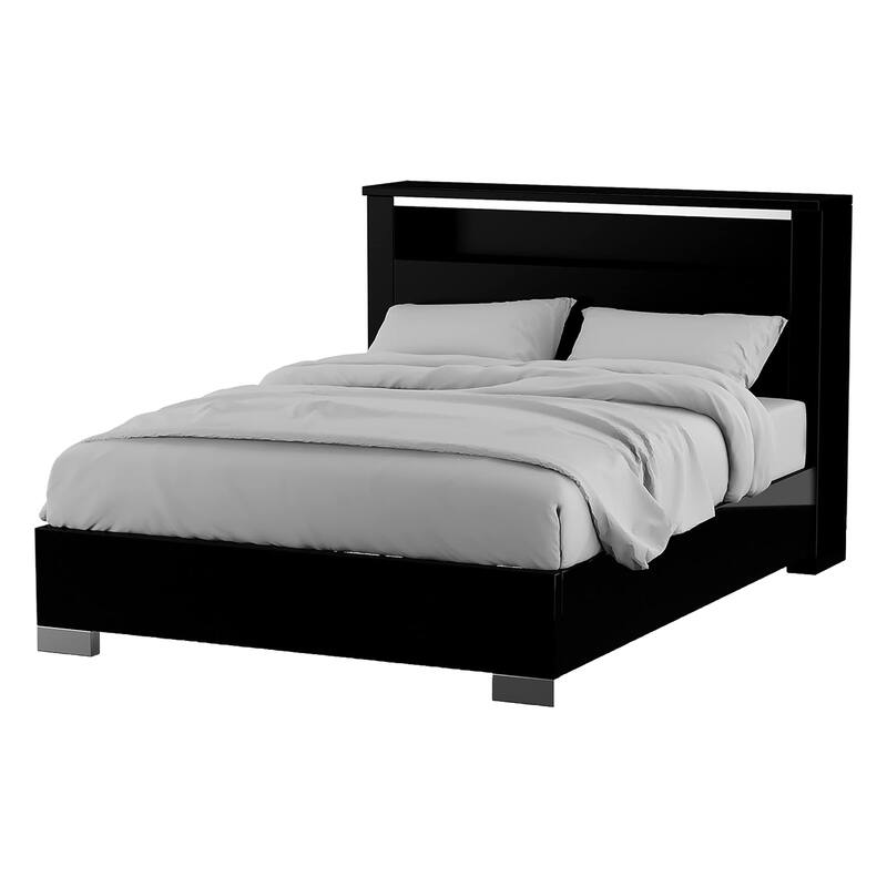 Cari Queen Size Bed, LED Bookcase Headboard, Black and Chrome