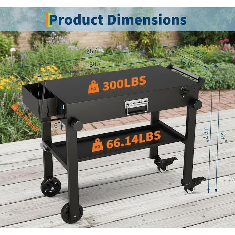 Movable Pizza Oven Dining Cart, with Locking Wheels & Double Shelf