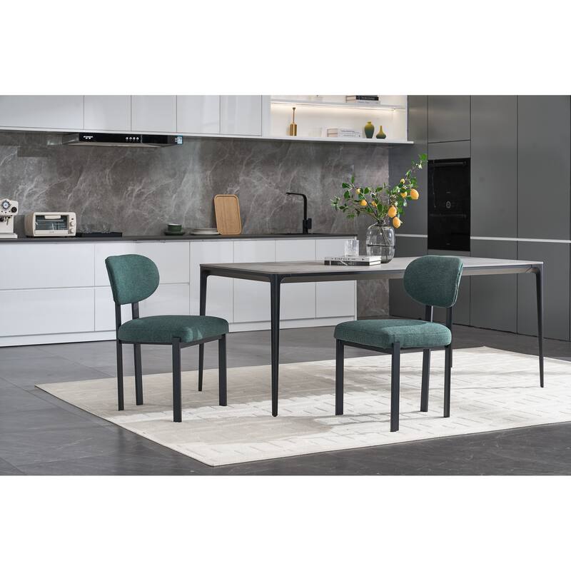 Modern Dining Room Chairs, Mid-Century Upholstered Boucle Kitchen Dining Chairs with Black Metal Legs - Antique Green
