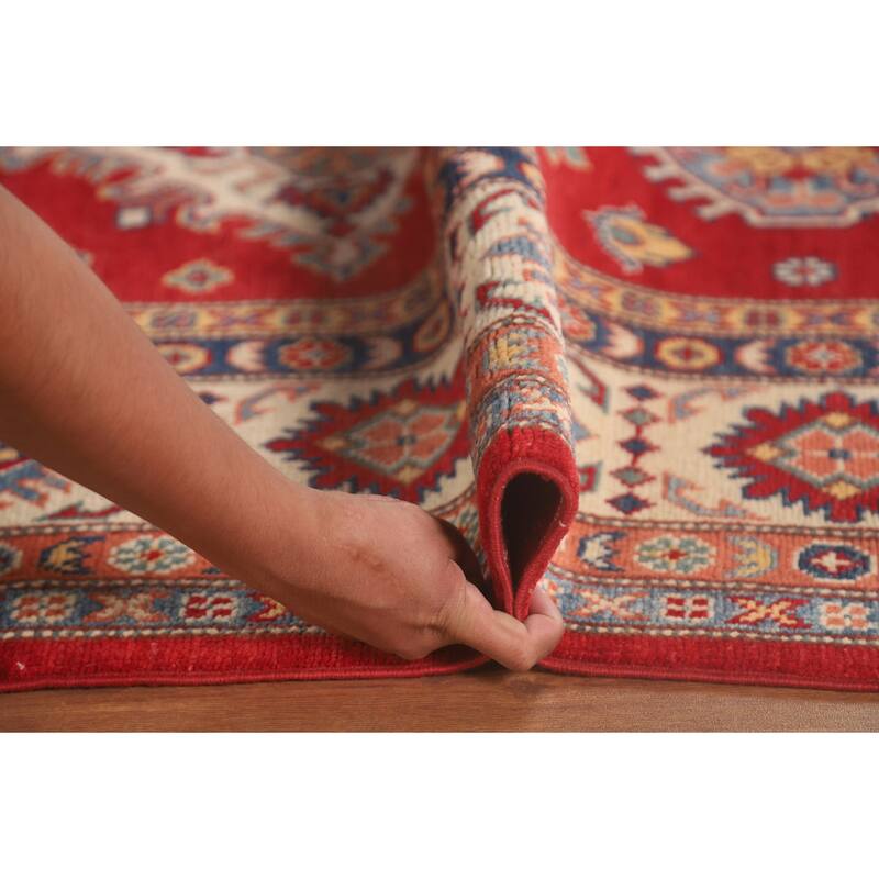 Red Kazak Area Rug Handmade Geometric Wool Carpet - 7'2"x 10'0"