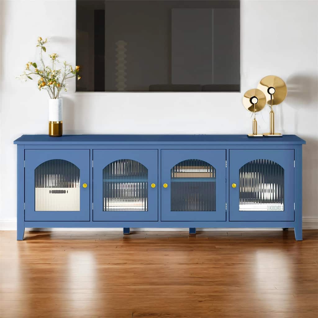 71" Entertainment Center Tv Stand with Solid Wood Frame, Glass Door