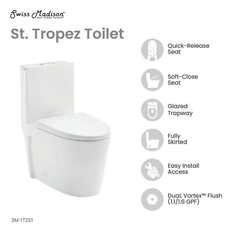 St. Tropez One-Piece Elongated Toilet, 14" Rough-In 1.1/1.6 Gpf - 27.35" x 15.75" 30.3"