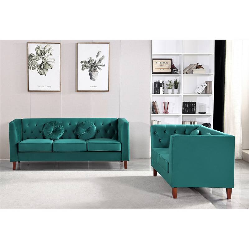 US PRIDE FURNITURE Velvet Classic Chesterfield 2 pieces Living Room Sets, Sofa and Lovesat - Green