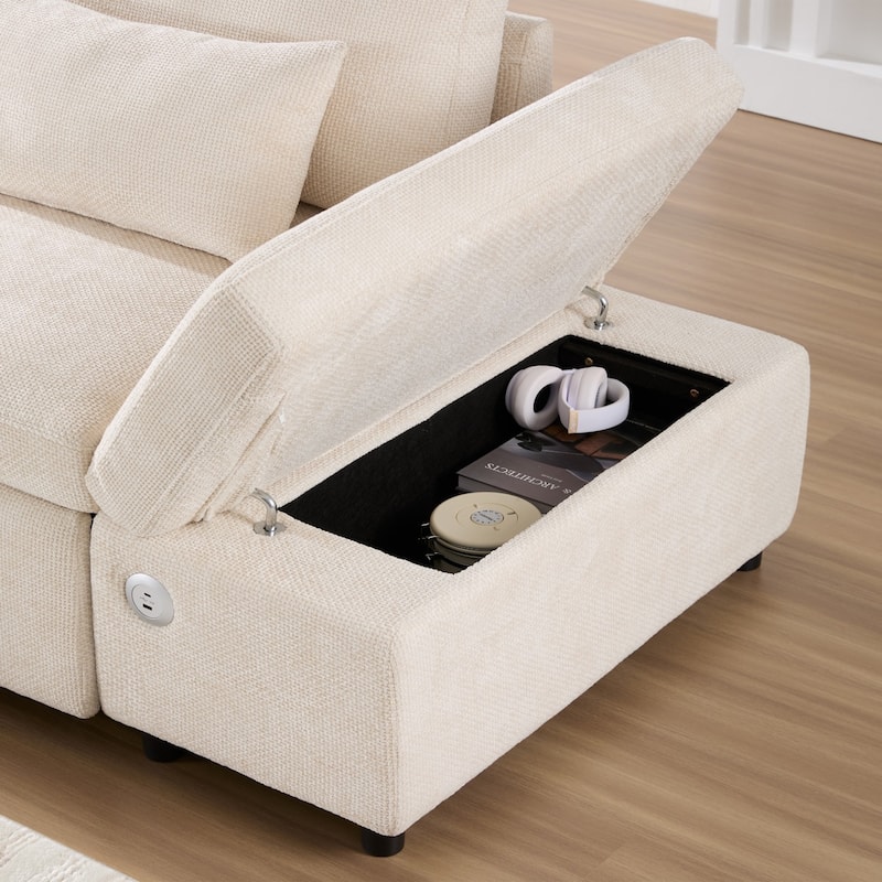 107" L-shaped Chenille Sofa with Adjustable Armrest and Ottoman