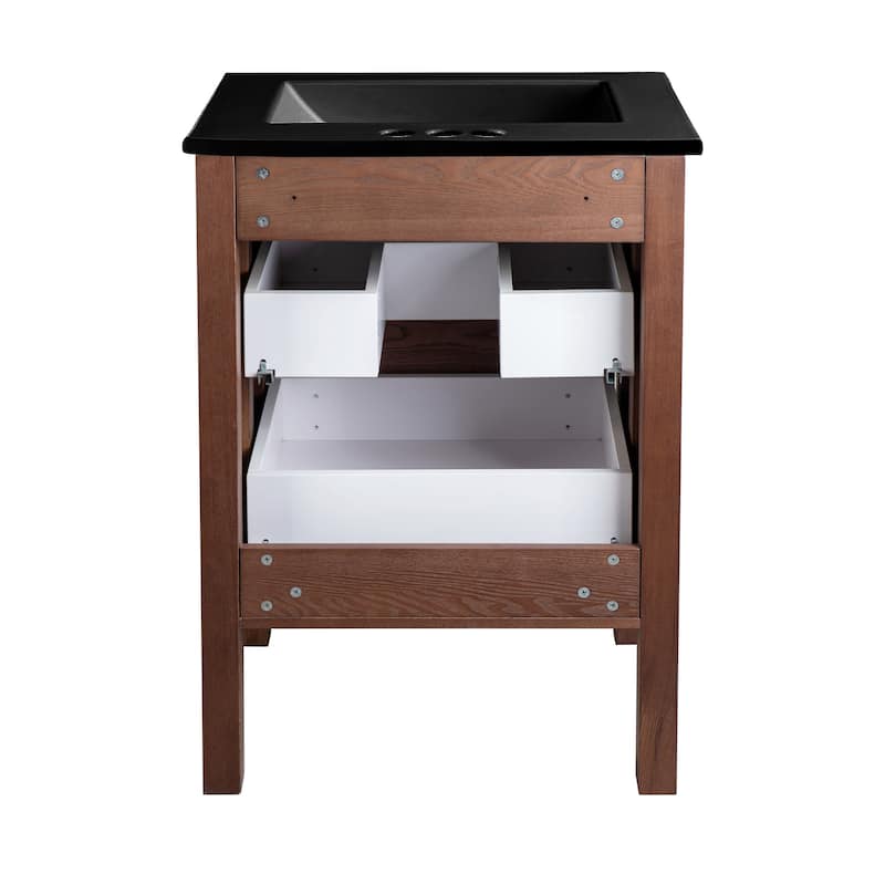 Nadar 24 In. Brown Walnut Bathroom Vanity With Black, 3-Hole Ceramic Sink Top