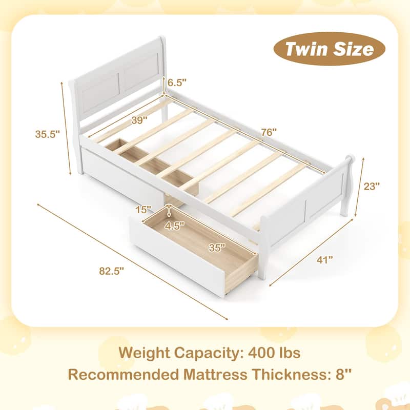 Twin Size Wooden Sleigh Platform Bed with 2 Under-Bed Drawers Included Headboard and Footboard