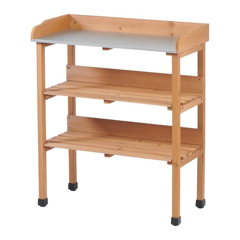 30″x14.5″×35.5″ Potting Table w/Metal Tabletop, 3 Layers Outdoor Work Bench - BROWN