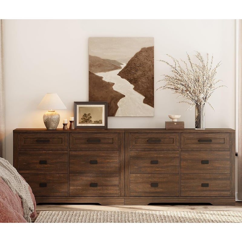 Wooden Dresser for Bedroom with 6 Drawers, 2 in 1 12 Drawer Farmhouse Storage Cabinet - Rustic Brown - 12-drawer