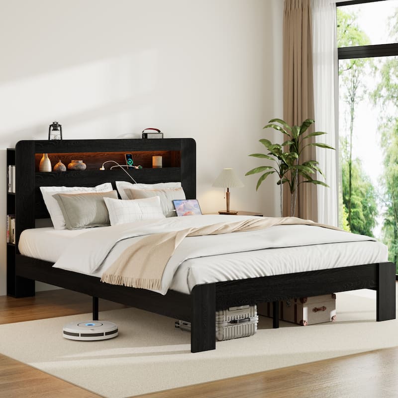 Bed Frame Queen Size, Wood Platform Bed Frame with Storage LED Light Headboard and 2 USB, Noise Free, No Box Spring Needed - Black