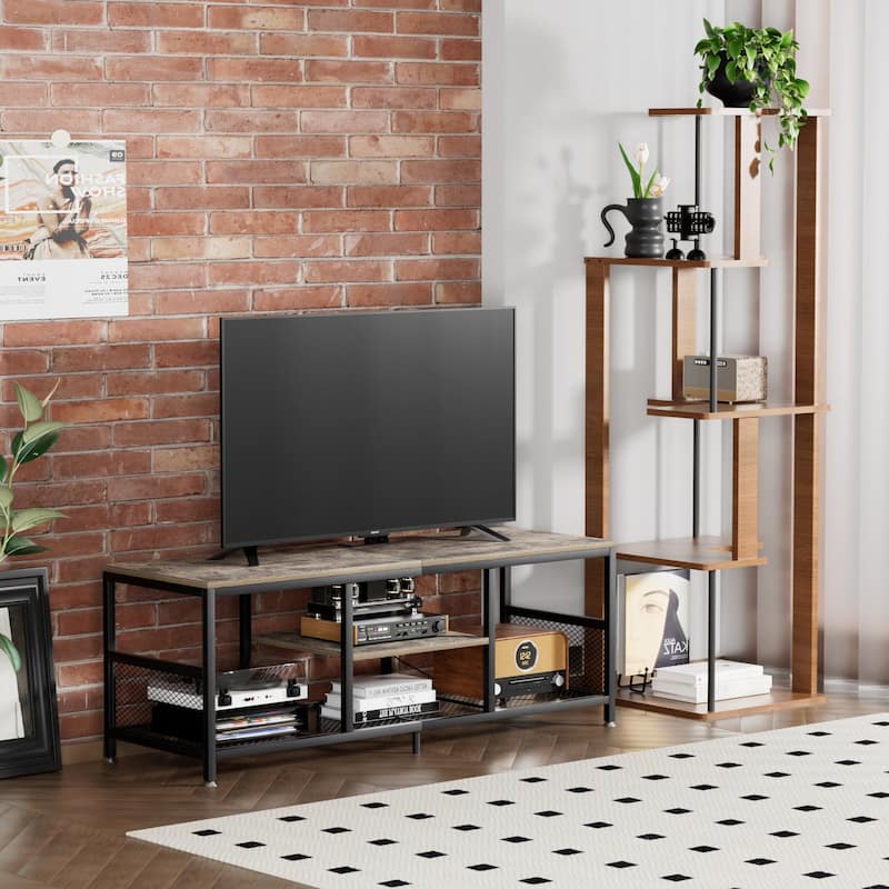 VECELO 55 Inch Grey TV Stand TV Media Console Table Entertainment Center with Power Outlets and Open Storage Shelves