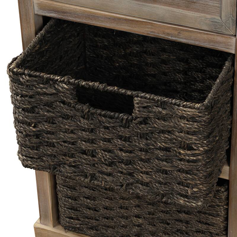 Rustic Storage Cabinet with Two Drawers and Four Classic Rattan Basket for Dining Room/Entryway/Living Room