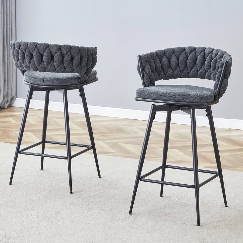 Swivel Bar Stools Set of 2, Modern Barstools with Backs, Upholstered Cotton Linen High Chairs for Island Kitchen