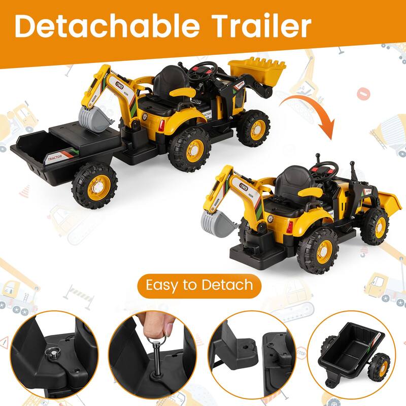 12V Battery Powered Ride on Construction Vehicle with Shovel and Digger Trailer MP3 Port - 73" × 24" × 26" (L × W × H)