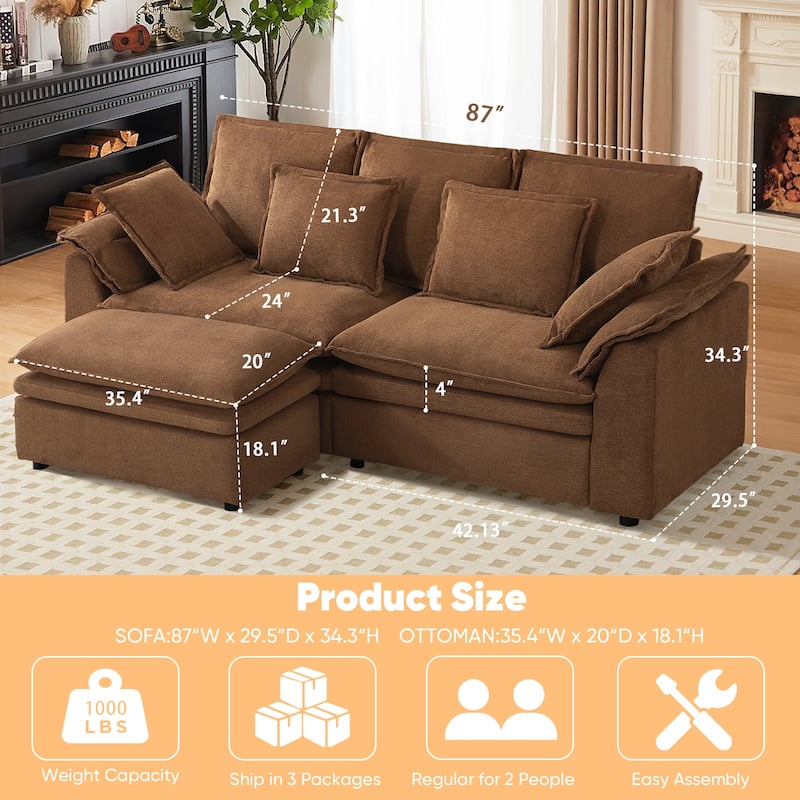 Pocassy Modern Chenille Sofa Sleeper with 24" Extra Deep Seats & 4 Throw Pillows