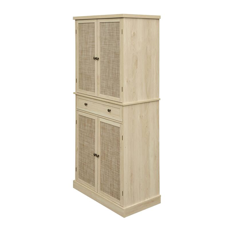 GDFStudio - TallRattan Modern Storage Cabinet with 4 Doors, 1 Drawer, and Adjustable Shelves