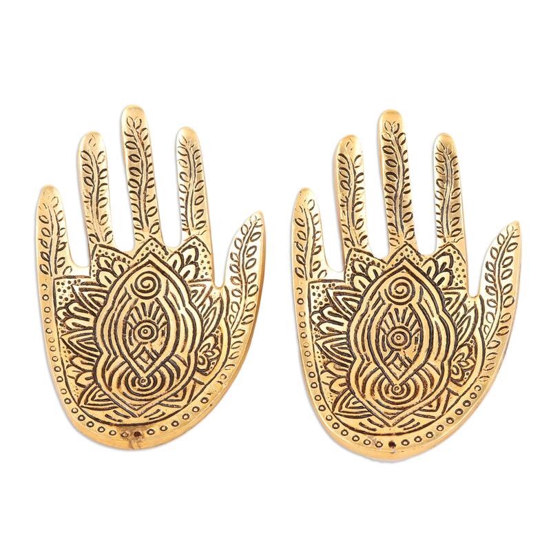 Novica Handmade Golden Hamsa Aluminum Incense Holders (Pair)