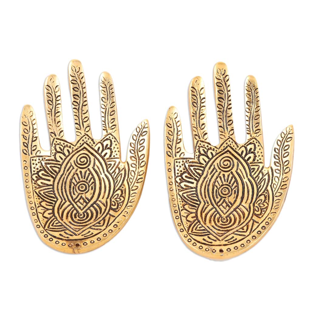 Novica Handmade Golden Hamsa Aluminum Incense Holders (Pair)