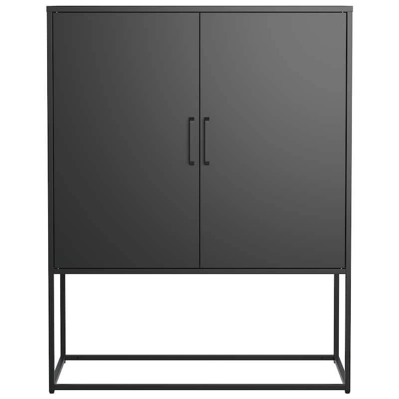 Heavy Duty Metal Buffet Sideboard Modern Steel Storage Cabinet with 2 Shelves, Free Standing - Black