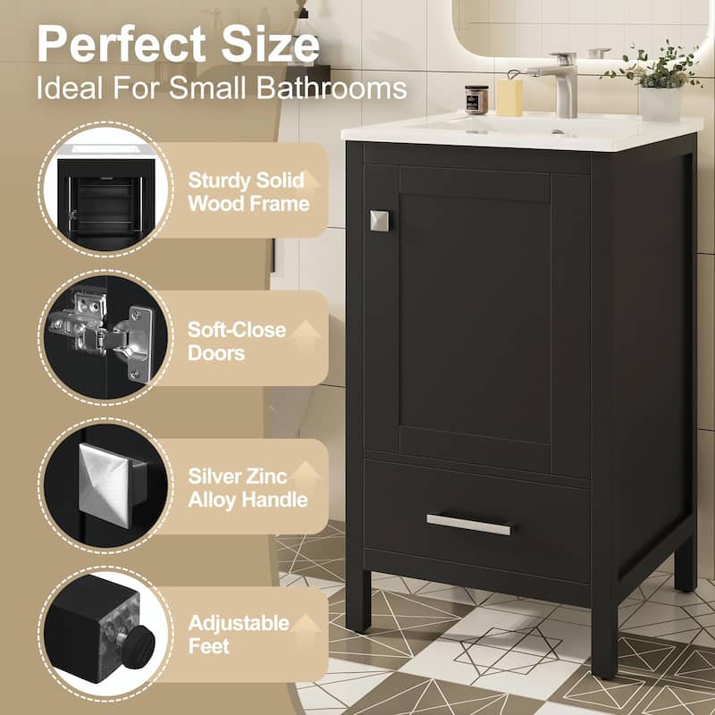 Modern Bathroom Vanity with Ceramic Sink - Soft-Close Drawers, Door Organizer, Divider Drawer