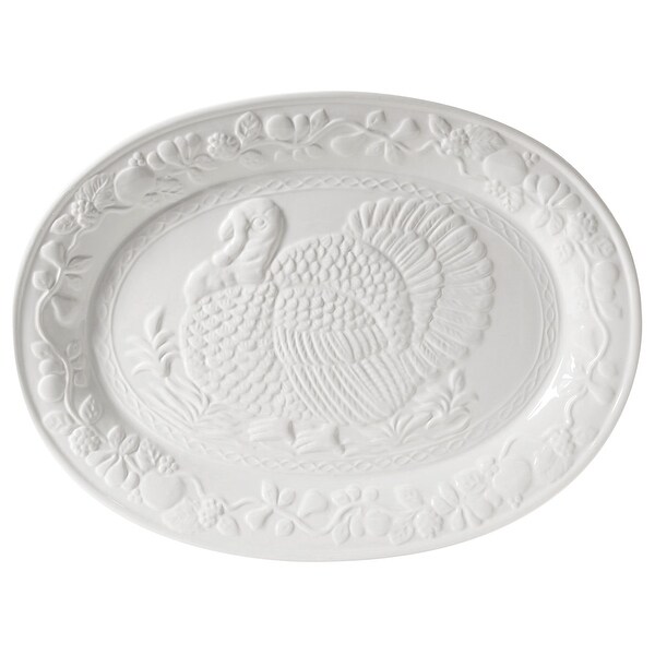 Gibson Home 18.75 Inch Ceramic Oval Turkey Platter in White Bed