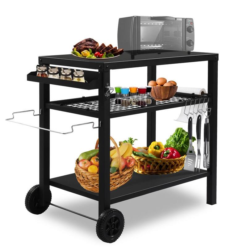 Outdoor Grill Cart Movable BBQ Trolley Food Prep Cart with Two Wheels & Hooks
