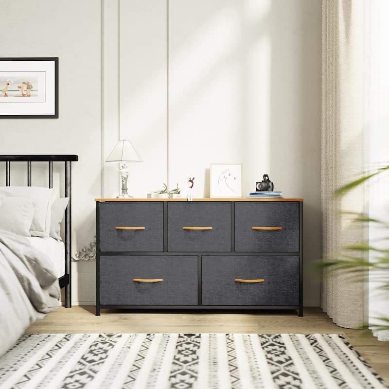 5-drawers Storage Horizontal Bedroom Dresser, Child Dresser with Wood Tabletop - Dark Grey & Wood