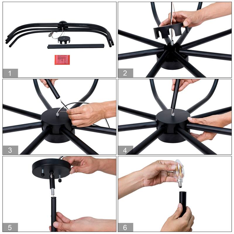 Mid-Century Modern Black 8-Light Chandelier Wheel Ceiling Light for Dining Living Room - D 40.1" x H 19"