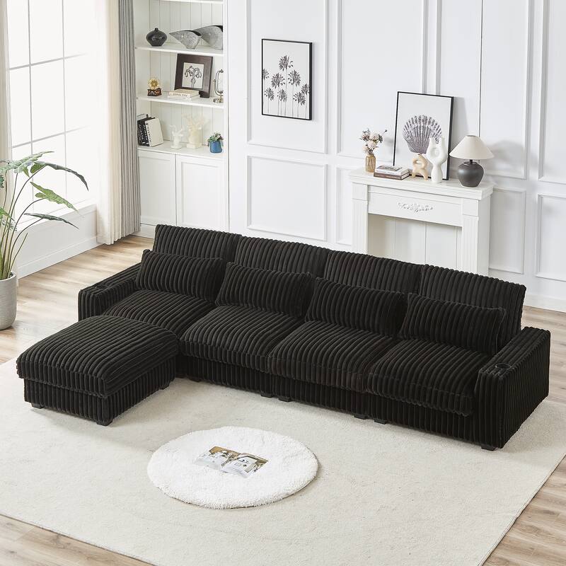 Modern 126-inch Corduroy Sofa with 4 Cushions, Movable Footrest, USB Ports, and Cup Holders - Black