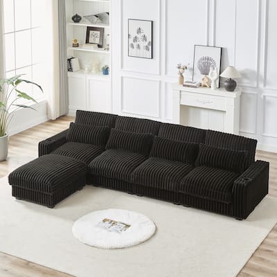 Modern 126-inch Corduroy Sofa with 4 Cushions, Movable Footrest, USB Ports, and Cup Holders