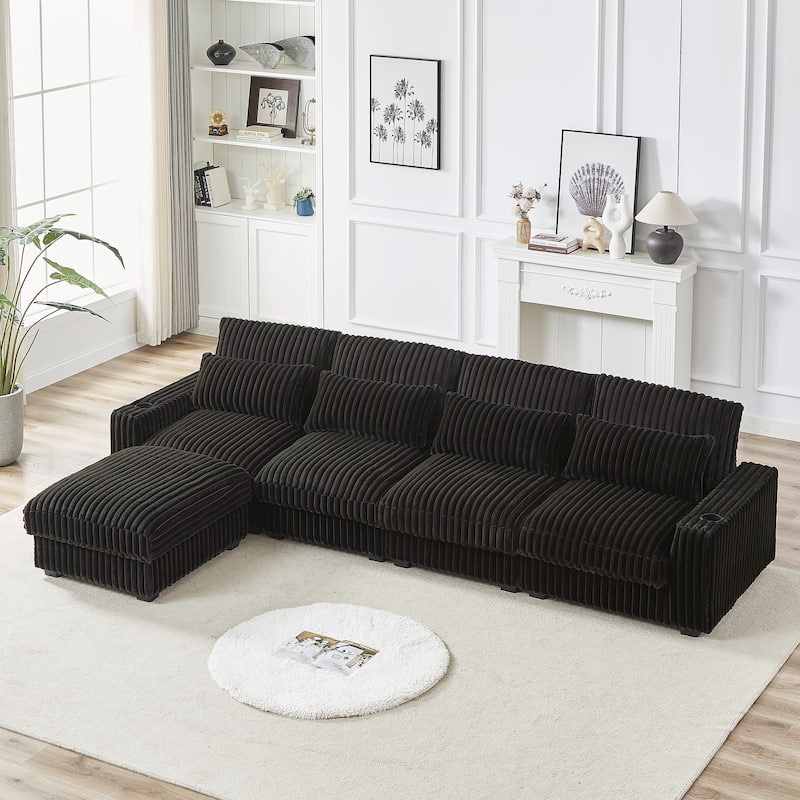 Super Large 126-Inch Corduroy L-Shaped Sofa with Cup Holders, USB Port, Movable Footrest, and 8 Cushions. - Black