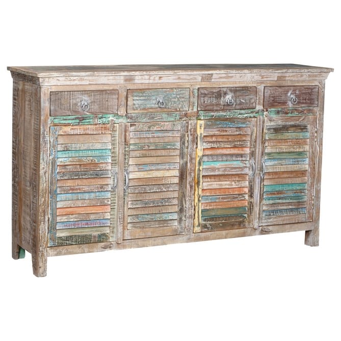 HomeRoots 72" Natural And Rainbow Reclaimed Wood Shutter Style Sideboard with Four Doors - 72.00 in. x 42.00 in. x 18.00 in.